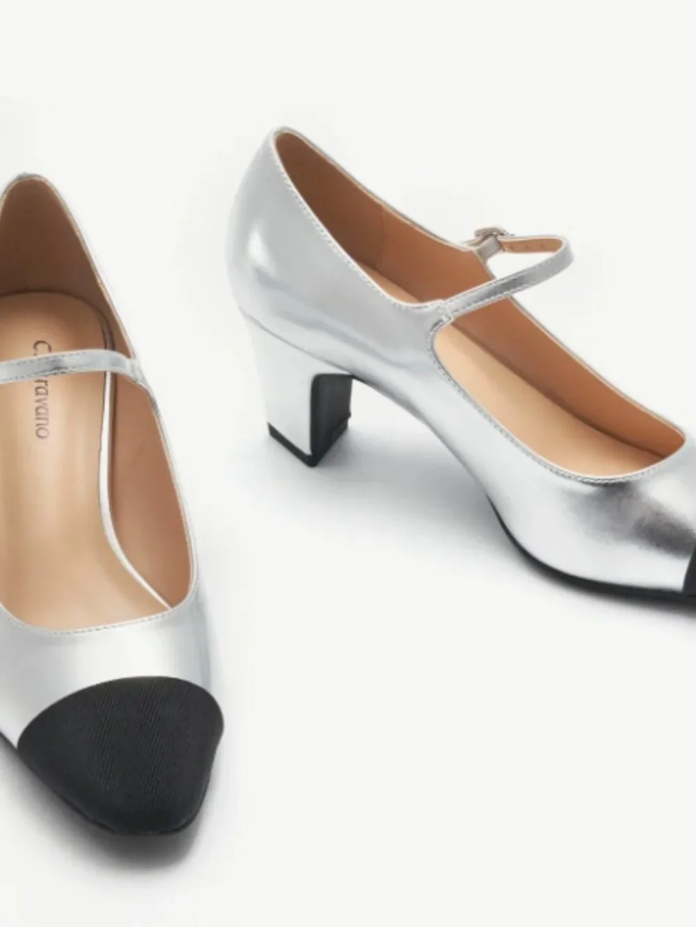 Stuart Weitzman Silver Mary Jane Pumps with Black Cap Toe 8.5